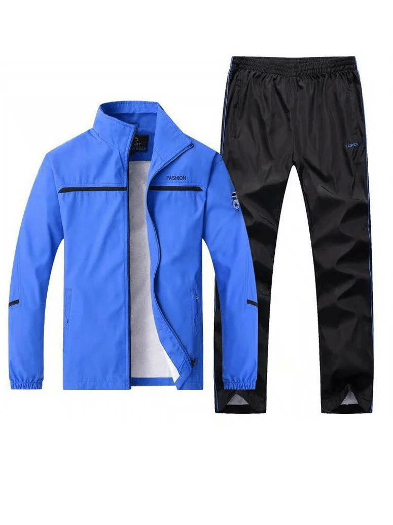 Athletic zip jacket and pants SF2037, stylish men's tracksuit with mandarin collar and elastic waist, outdoor sportsuit in blue and black.
